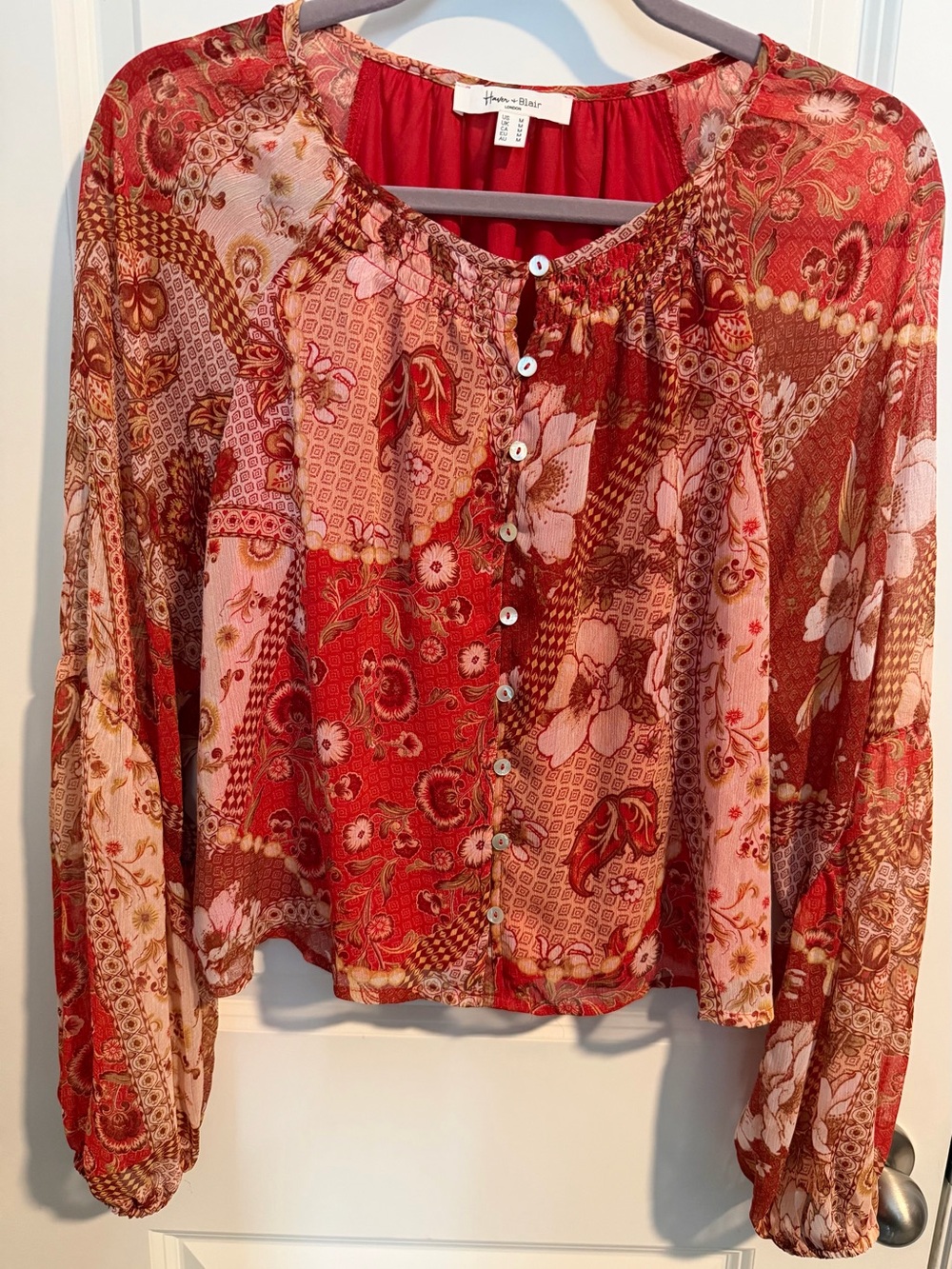 Haver & Blair Red Patchwork Floral Button-Front Blouse